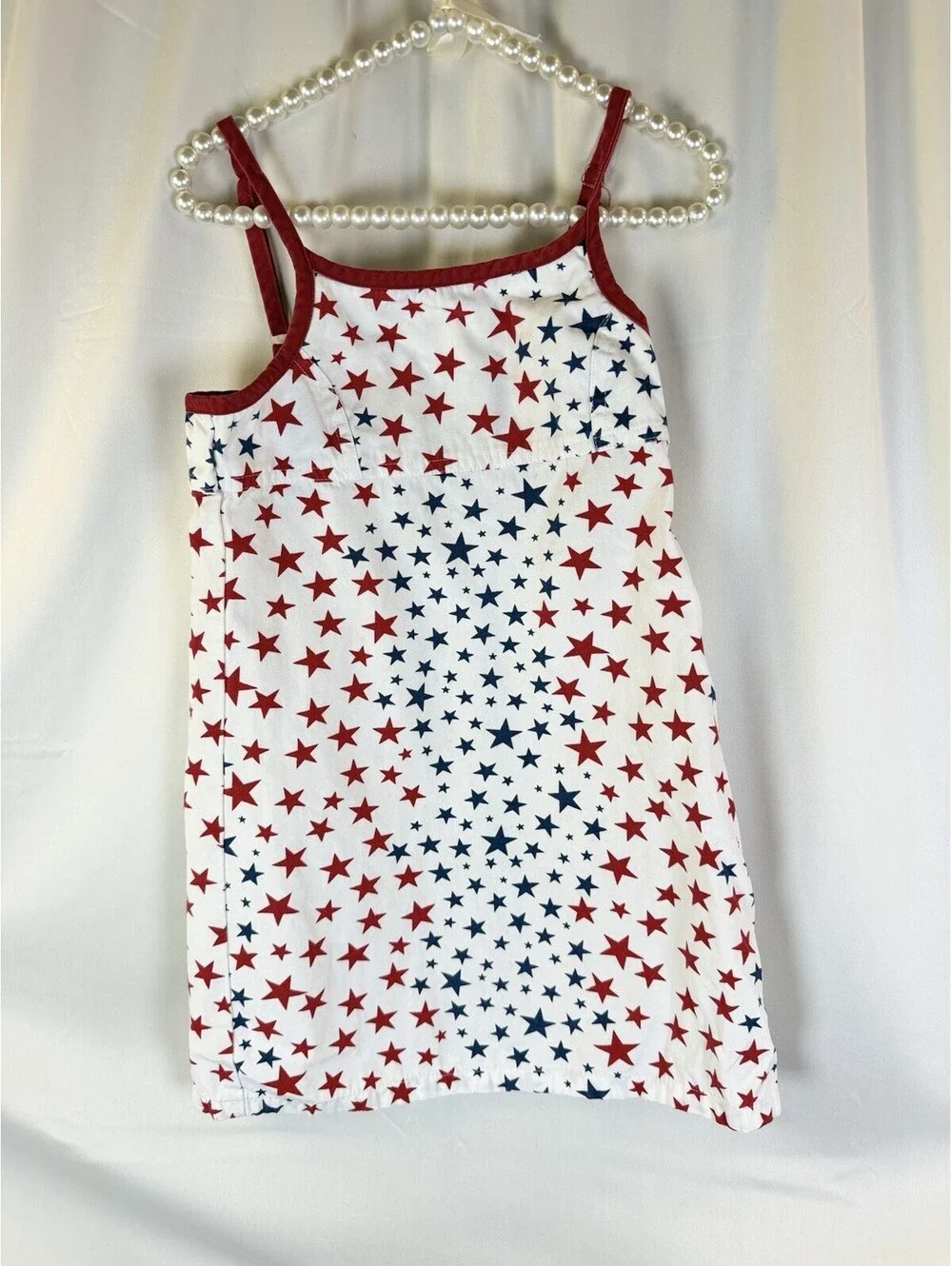 OLD NAVY GIRLS DRESS, BLUE/RED STARS ON WHITE/ RED TRIM, THIN STRAPS, SUNDRESS 5